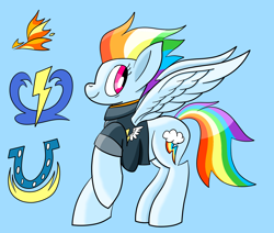 Size: 1662x1410 | Tagged: safe, artist:notadeliciouspotato, character:fleetfoot, character:rainbow dash, character:soarin', character:spitfire, species:pegasus, species:pony, episode:the last problem, g4, my little pony: friendship is magic, clothing, cutie mark, female, jacket, mare, older, older rainbow dash, raised hoof, simple background, smiling, solo, spread wings, wings