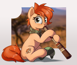 Size: 2160x1825 | Tagged: safe, artist:rexyseven, oc, oc:rusty gears, species:earth pony, species:pony, clothing, didgeridoo, female, heterochromia, mare, musical instrument, scarf, sock, solo
