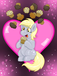 Size: 2448x3264 | Tagged: safe, artist:wispy tuft, character:derpy hooves, species:pegasus, species:pony, bubble, chubby, cross-eyed, cute, derpabetes, female, food, happy, happy birthday mlp:fim, heart, love, mlp fim's ninth anniversary, muffin, solo, thrilled