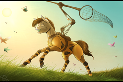 Size: 1024x683 | Tagged: safe, artist:bootsdotexe, oc, species:pony, android, butterfly, butterfly net, male, net, robot, robot pony, solo