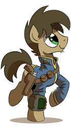 Size: 500x900 | Tagged: safe, artist:php104, oc, oc only, species:earth pony, species:pony, species:unicorn, fallout equestria, clothing, fanfic, fanfic art, gun, handgun, holster, hooves, horn, male, pipbuck, revolver, simple background, solo, stallion, transparent background, vault suit, weapon