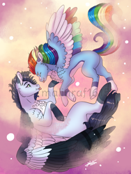 Size: 900x1200 | Tagged: safe, artist:malinraf1615, character:rainbow dash, character:soarin', species:pegasus, species:pony, ship:soarindash, alternate design, chest fluff, cloud, colored wings, cute, dashabetes, eye contact, female, flying, looking at each other, male, mare, missing cutie mark, multicolored wings, pale belly, rainbow wings, shipping, soarinbetes, stallion, straight, tongue out, watermark, wings