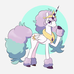Size: 1200x1200 | Tagged: safe, artist:mew-me, character:princess celestia, species:alicorn, species:pony, abstract background, alternate hairstyle, clothing, cosplay, costume, crossover, cute, cutelestia, female, galarian ponyta, hilarious in hindsight, hoof over mouth, looking at you, mare, messy mane, messy tail, pokemon sword and shield, pokémon, ponyta, simple background, smiling, solo, unshorn fetlocks, white background