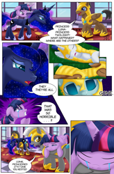 Size: 1800x2740 | Tagged: safe, artist:lifesharbinger, character:princess luna, character:twilight sparkle, character:twilight sparkle (alicorn), species:alicorn, species:pegasus, species:pony, comic:curse and madness, armor, canterlot castle, canterlot castle interior, carpet, carrying, comic, crown, crying, day, dialogue, female, implied death, jewelry, male, mare, morning, piggyback, regalia, royal guard, sad, semi-grimdark series, speech bubble, stallion, text, tired, wings