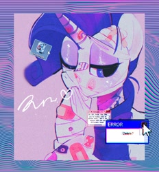 Size: 1902x2048 | Tagged: safe, artist:poneko-chan, character:rarity, species:pony, species:unicorn, aesthetics, bandage, candy, female, food, heart, ice cream, injured, one eye closed, rainbow, solo, stamp, telephone, vaporwave