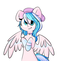 Size: 2000x2000 | Tagged: safe, artist:thieftea, oc, oc only, oc:foxyhollows, species:pegasus, species:pony, beret, clothing, collar, cute, female, hat, mare, simple background, solo, white background, wings
