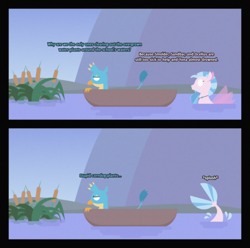 Size: 3676x3651 | Tagged: safe, artist:gd_inuk, character:gallus, character:silverstream, species:griffon, species:seapony (g4), inktober, 2 panel comic, blank eyes, boat, cattails, comic, dialogue, duo, empty eyes, female, gallus is not amused, implied ocellus, implied sandbar, implied smolder, implied yona, inktober 2019, lineless, male, no mouth, no pupils, plant, seapony silverstream, splash, stylized, swimming, unamused, water