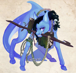 Size: 879x853 | Tagged: safe, artist:sitaart, oc, dungeons and dragons, mouth hold, original species, pathfinder, pen and paper rpg, ponyfinder, rpg, shark, shark pony, solo, spear, tabletop gaming, weapon