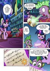 Size: 1204x1700 | Tagged: safe, artist:tarkron, character:spike, character:twilight sparkle, character:twilight sparkle (alicorn), species:alicorn, species:dragon, species:pony, comic:the royal sandal, burp, comic, couch, coughing, dialogue, dragon mail, dragonfire, duo, female, fire, floppy ears, green fire, implied princess celestia, letter, levitation, library, magic, male, mare, onomatopoeia, sigh, speech bubble, telekinesis, twilight's castle, twilight's castle library