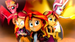 Size: 1187x673 | Tagged: safe, artist:kyloren2000, character:daydream shimmer, character:sunset satan, character:sunset shimmer, g4, my little pony:equestria girls, 3d, crown, daydream shimmer, demon, element of magic, evil, evil grin, geode of empathy, grin, horn, jewelry, magical geodes, open mouth, regalia, smiling, source filmmaker, sunset satan, sunset's conscience, wings