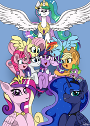 Size: 2160x3000 | Tagged: safe, artist:sadtrooper, character:applejack, character:fluttershy, character:pinkie pie, character:princess cadance, character:princess celestia, character:princess luna, character:rainbow dash, character:rarity, character:spike, character:starlight glimmer, character:twilight sparkle, character:twilight sparkle (alicorn), species:alicorn, species:dragon, species:earth pony, species:pegasus, species:pony, species:unicorn, happy birthday mlp:fim, mane seven, mane six, mlp fim's ninth anniversary, royal sisters, winged spike
