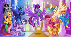 Size: 1745x900 | Tagged: safe, artist:blazemizu, character:applejack, character:discord, character:fluttershy, character:pinkie pie, character:princess celestia, character:princess luna, character:rainbow dash, character:rarity, character:spike, character:starlight glimmer, character:twilight sparkle, character:twilight sparkle (alicorn), species:alicorn, species:dragon, species:earth pony, species:pegasus, species:pony, species:unicorn, digital art, female, mane six, mare, royal sisters, smiling, winged spike
