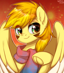 Size: 1933x2210 | Tagged: safe, artist:wkirin, oc, oc only, oc:hotaru, species:pegasus, species:pony, clothing, frog (hoof), hooves, looking at you, robot, robot pony, scarf, smiley face, solo, underhoof, wings