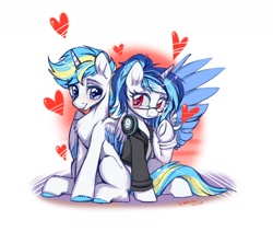 Size: 1440x1220 | Tagged: safe, artist:wkirin, oc, oc only, species:alicorn, species:pegasus, species:pony, species:unicorn, clothing, female, glasses, headphones, heart, heart eyes, looking at each other, male, mare, stallion, wingding eyes