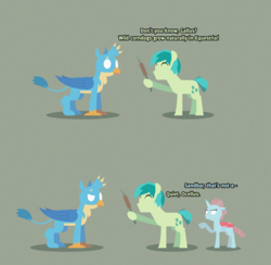 Size: 2960x2891 | Tagged: safe, artist:gd_inuk, character:gallus, character:ocellus, character:sandbar, species:changeling, species:earth pony, species:griffon, species:pony, species:reformed changeling, inktober, 2 panel comic, blank eyes, cattails, comic, corn, corndog, dialogue, doubt, empty eyes, female, food, green background, herbivore vs carnivore, hoof hold, inktober 2019, lineless, male, no mouth, no pupils, ocellus is not amused, plant, prank, reed, sausage, simple background, stylized, unamused