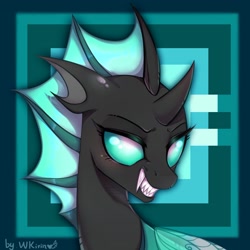 Size: 1807x1807 | Tagged: safe, artist:wkirin, oc, oc only, oc:chela, species:changeling, species:pony, bust, fangs, female, looking at you, mare, solo