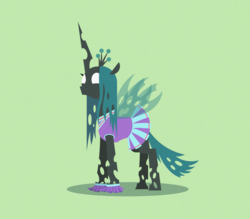 Size: 2417x2118 | Tagged: safe, artist:gd_inuk, character:ocellus, character:queen chrysalis, species:changeling, species:reformed changeling, episode:2-4-6 greaaat, episode:what lies beneath, g4, my little pony: friendship is magic, blank eyes, cheerleader chrysalis, cheerleader ocellus, cheerleader outfit, clothing, cute, cutealis, diaocelles, disguise, disguised changeling, empty eyes, female, green background, happy, lineless, no mouth, no pupils, pleated skirt, pom pom, simple background, skirt, solo, stylized