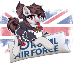 Size: 2000x1800 | Tagged: safe, artist:lakunae, oc, oc:sea minde, species:earth pony, species:pony, clothing, commission, dress, england, female, half-breed, maid, mare, pillow, royal air force, union jack