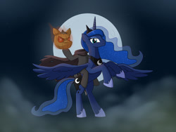 Size: 1600x1200 | Tagged: safe, artist:mew-me, character:princess luna, species:alicorn, species:pony, episode:sleepless in ponyville, g4, my little pony: friendship is magic, female, full moon, halloween, headless, headless horse, holiday, horse riding a horse, jack-o-lantern, looking at you, mare, moon, night, ponies riding ponies, pumpkin, rearing, riding, solo