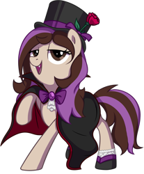 Size: 1437x1737 | Tagged: safe, artist:thebowtieone, oc, oc:bowtie, species:earth pony, species:pony, cloak, clothing, costume, female, flower, halloween, halloween costume, hat, mare, raised hoof, rose, simple background, solo, top hat, transparent background, vampire