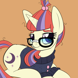 Size: 1024x1024 | Tagged: safe, artist:casualcolt, character:moondancer, species:pony, species:unicorn, brown background, clothing, female, glasses, lidded eyes, looking at you, mare, simple background, sitting, smiling, solo, sweater