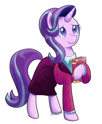 Size: 1460x1770 | Tagged: safe, artist:gintoki23, character:starlight glimmer, species:pony, species:unicorn, episode:the last problem, g4, my little pony: friendship is magic, book, clothing, female, headmare starlight, older, older starlight glimmer, skirt, smiling, solo, suit