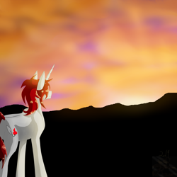 Size: 5800x5800 | Tagged: safe, artist:florarena-kitasatina/dragonborne fox, oc, oc only, oc:crimson flame, species:pony, species:unicorn, absurd resolution, and now for something completely different, cel shading, cloud, scenery, shading, signature, sunset, watermark