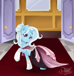 Size: 1045x1080 | Tagged: safe, artist:the-orator, character:trixie, species:pony, species:unicorn, alternate hairstyle, clothing, dress, female, mare, raised hoof, socks, solo