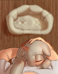 Size: 2638x3356 | Tagged: safe, artist:klooda, oc, species:human, species:pony, advertisement, blushing, commission, cushion, detailed, detailed background, eyes closed, hand, holding a pony, human and pony, no mane, pony pet, sleeping, sleepy, solo, your character here