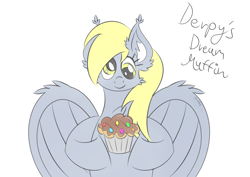 Size: 7016x4961 | Tagged: safe, artist:syncedsart, character:derpy hooves, species:pegasus, species:pony, absurd resolution, bust, clip studio paint, cute, digital art, drawing, dream, female, food, mlp fim's ninth anniversary, muffin, solo, wings
