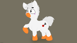 Size: 2560x1440 | Tagged: safe, artist:fuzzypones, species:bird, species:earth pony, species:pony, :t, bird pone, blush sticker, blushing, colored, crossover, gray background, male, raised hoof, simple background, smiling, solo, stallion, untitled goose game