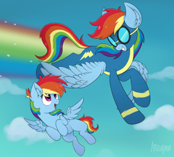 Size: 1109x1000 | Tagged: safe, artist:itazurana, character:rainbow dash, species:pegasus, species:pony, clothing, cloud, female, filly, filly rainbow dash, flying, goggles, mlp fim's ninth anniversary, multicolored hair, rainbow hair, rainbow tail, rainbow trail, sky, smiling, uniform, wings, wonderbolts uniform, younger
