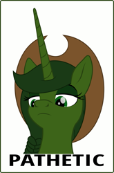 Size: 987x1495 | Tagged: safe, artist:grypher, oc, oc only, oc:sheriff green, species:alicorn, species:pony, fallout equestria, alicorn oc, artificial alicorn, braid, clothing, cowboy hat, fallout equestria: red 36, fanfic art, frown, green alicorn (fo:e), hat, lidded eyes, meme, pathetic, simple background, unimpressed