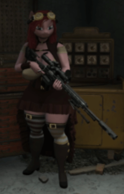 Size: 400x624 | Tagged: safe, artist:t-box, oc, oc:moon lee, species:anthro, species:earth pony, species:pony, 3d, animated, boots, clothing, fallout, fallout 4, fallout 4 mod, female, game, gif, goggles, gun, pink skin, rifle, shoes, skirt, socks, solo, steampunk, striped socks, thigh highs, weapon