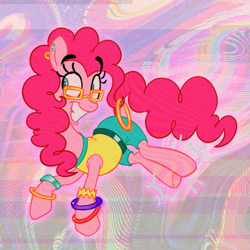 Size: 1153x1153 | Tagged: safe, artist:littmosa, character:pinkie pie, species:earth pony, species:pony, 80's style, belt, bracelet, clop your hooves, clothing, dancing, ear piercing, earring, error, eyestrain warning, female, fun, glasses, glitch, jewelry, pants, piercing, retro, shirt, smiling, t-shirt