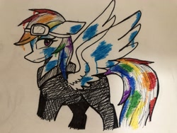 Size: 4032x3024 | Tagged: safe, artist:ponime11, character:rainbow dash, species:pegasus, species:pony, clothing, female, goggles, mare, rainbow factory dash, simple background, solo, traditional art