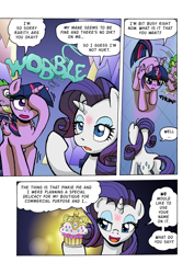 Size: 1204x1700 | Tagged: safe, artist:tarkron, character:rarity, character:spike, character:twilight sparkle, character:twilight sparkle (alicorn), species:alicorn, species:dragon, species:pony, species:unicorn, comic:the royal sandal, comic, crown, cupcake, dialogue, food, jewelry, regalia, speech bubble
