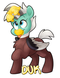 Size: 2472x3200 | Tagged: safe, artist:luximus17, oc, oc:dolan, oc:duk, species:bird, species:duck, badge, blep, cute, duck pony, female, mlem, quack, quak, silly, solo, tongue out
