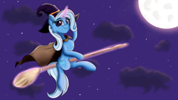 Size: 1920x1080 | Tagged: safe, artist:sadtrooper, character:trixie, species:pony, species:unicorn, broom, chest fluff, clothing, flying, flying broomstick, full moon, halloween, hat, holiday, levitation, lidded eyes, looking at you, magic, moon, smiling, telekinesis, witch, witch hat