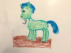 Size: 2048x1536 | Tagged: safe, artist:joeydr, oc, oc only, oc:green byte, species:pony, species:unicorn, dry erase board, male, signature, simple background, solo, stallion, traditional art, white background