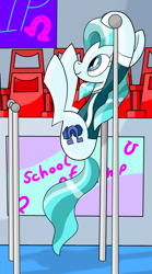 Size: 1392x2500 | Tagged: safe, artist:notadeliciouspotato, character:lighthoof, species:earth pony, species:pony, acrobatics, chair, clothing, female, gym, gymnastics, leotard, mare, raised hoof, raised leg, smiling, solo, uneven bars