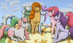 Size: 3000x1765 | Tagged: safe, artist:azurllinate, character:blossom, character:blue belle (g1), character:cotton candy (g1), character:minty, character:minty (g1), character:snuzzle (g1), species:earth pony, species:pony, g1, accessories, blanket, blossom, blue eyes, butterscotch (g1), chubby, cloud, cloven hooves, clover, earth pony only, female, first generation, flower, friendship, green hair, heart, hoofbump, leaning, long mane, long tail, looking at each other, lying down, mare, more like boulderscotch, numbers, one eye closed, onomatopoeia, open mouth, orange eyes, orange hair, original six, pink hair, prone, purple eyes, purple hair, ribbon, rule 63, sitting, smiling, sticking tongue out, strong, teal eyes, wink