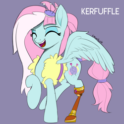 Size: 800x800 | Tagged: safe, artist:casualcolt, character:kerfuffle, species:pegasus, species:pony, friendship is magic: rainbow roadtrip, g4, my little pony: friendship is magic, amputee, cute, eyes closed, female, fufflebetes, kerfuffle shuffle, mare, open mouth, prosthetic leg, prosthetic limb, prosthetics, simple background, smiling, solo