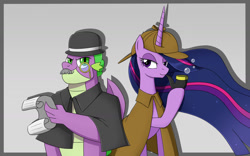 Size: 1600x1000 | Tagged: safe, artist:mew-me, character:spike, character:twilight sparkle, character:twilight sparkle (alicorn), species:alicorn, species:dragon, species:pony, episode:the last problem, g4, my little pony: friendship is magic, bowler hat, bubble pipe, clothing, deerstalker, detective, doctor watson, fake moustache, hat, monocle, older, older spike, older twilight, pipe, princess twilight 2.0, sherlock holmes, watson, winged spike