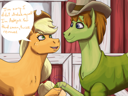 Size: 2400x1800 | Tagged: safe, artist:azurllinate, character:applejack, species:earth pony, species:pony, barn, blue eyes, clothing, cloven hooves, cousins, crossover, dialogue, family, female, green eyes, hat, headcanon, hoofshake, looking at each other, male, open mouth, ponified, scooby doo shaggys showdown, shaggy rogers, shirt, smiling, speech bubble, ten gallon hat, window