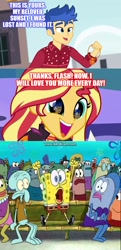 Size: 622x1284 | Tagged: safe, artist:mlpfan3991, edit, edited screencap, screencap, character:flash sentry, character:sunset shimmer, ship:flashimmer, episode:cheer you on, episode:wake up!, g4, my little pony: equestria girls, my little pony:equestria girls, spoiler:choose your own ending (season 2), spoiler:eqg series (season 2), comic, female, male, reaction, screencap comic, shipping, spongebob squarepants, straight, the spongebob squarepants movie