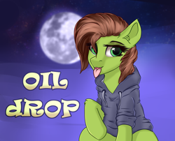 Size: 2500x2020 | Tagged: safe, artist:lakunae, oc, oc only, oc:oil drop, species:pony, clothing, eyeliner, eyeshadow, female, hoodie, looking at you, makeup, mare, moon, sitting, solo, tongue out