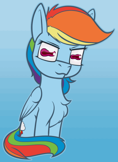 Size: 409x560 | Tagged: safe, artist:dacaoo, character:rainbow dash, species:pegasus, species:pony, animated, blue background, chest fluff, cursed image, female, gif, hypnotoad, looking at you, simple background, sitting, smiling, solo, wings