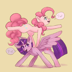 Size: 2024x2024 | Tagged: safe, artist:insanitylittlered, character:pinkie pie, character:twilight sparkle, character:twilight sparkle (alicorn), species:alicorn, species:earth pony, species:pony, ship:twinkie, balancing, dialogue, duo, female, mare, shipping, speech bubble
