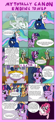 Size: 2464x5416 | Tagged: safe, artist:nuxersopus, character:applejack, character:cozy glow, character:discord, character:fluttershy, character:lord tirek, character:pinkie pie, character:princess celestia, character:princess luna, character:queen chrysalis, character:rainbow dash, character:rarity, character:twilight sparkle, character:twilight sparkle (alicorn), species:alicorn, species:draconequus, species:earth pony, species:pegasus, species:pony, species:unicorn, episode:the ending of the end, episode:the last problem, g4, my little pony: friendship is magic, alternate ending, alternate universe, breaking the fourth wall, comic, female, how it should have ended, male, mane six, mare, statue